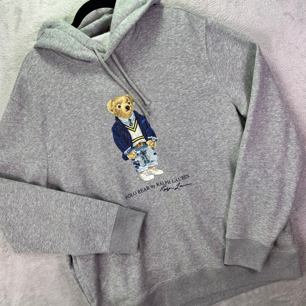 Polo Ralph Lauren Mens Hoodie XL Gray Polo Bear Graphic Pullover Fleece